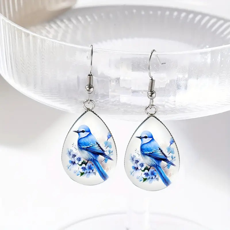 Blue Floral Bird Earrings