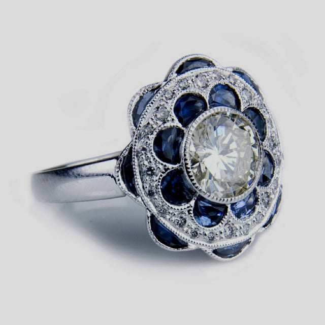 Vintage Blue Flower Crystal Ring