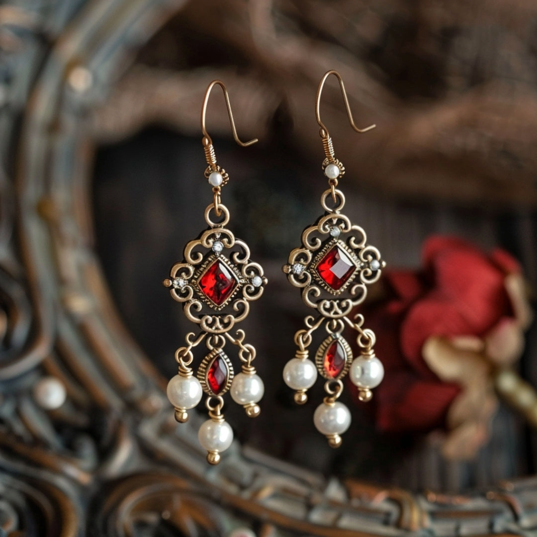 Red Crystal & Pearl Earrings