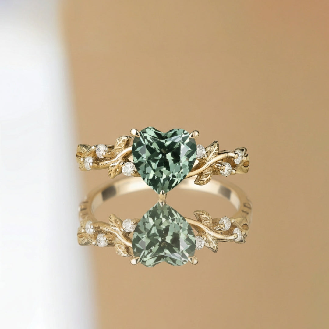 Heart Green Leaf Ring