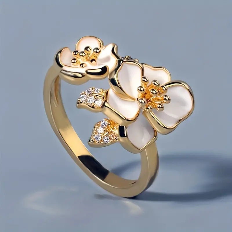 Vintage White Enamel Flower Gold Ring