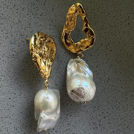 Vintage Golden Forged Pearl Earrings