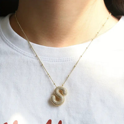 Gold Bubble Letter Initial Necklace Set