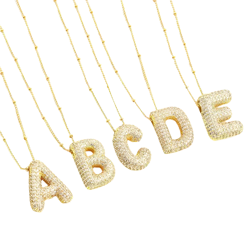 Gold Bubble Letter Initial Necklace Set