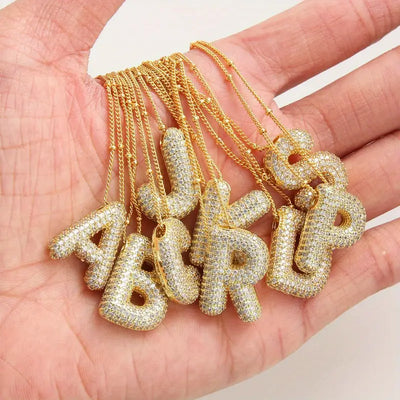 Gold Bubble Letter Initial Necklace Set