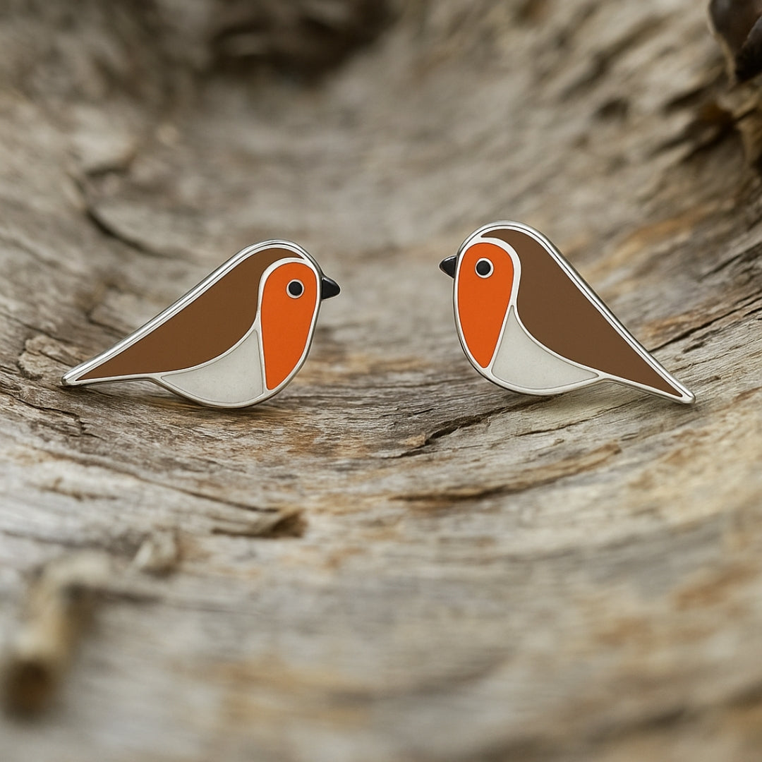Brown & Orange Bird Enamel Stud Earrings