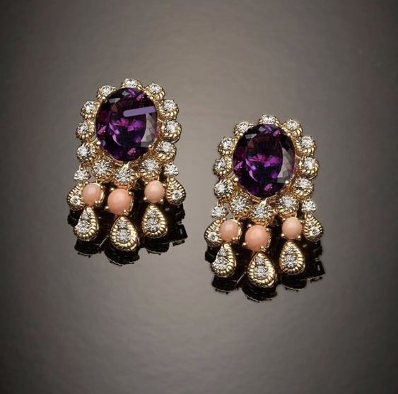 Vintage Rounded Purple Glass & Zirconia Earrings