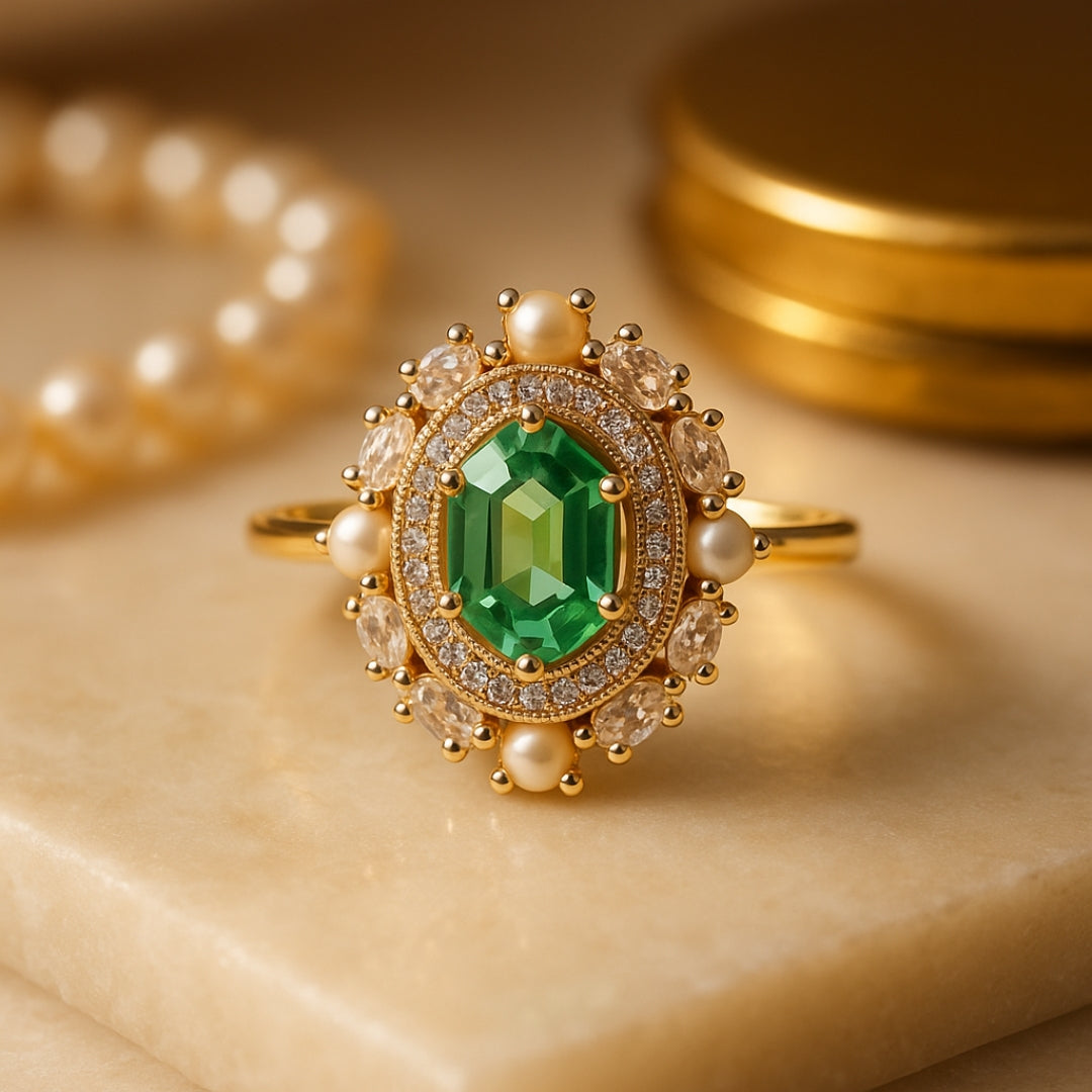 Green Topaz & Pearl Vintage 14k Gold Ring