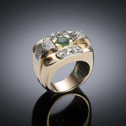 Vintage Green Glass Gold Thick Ring