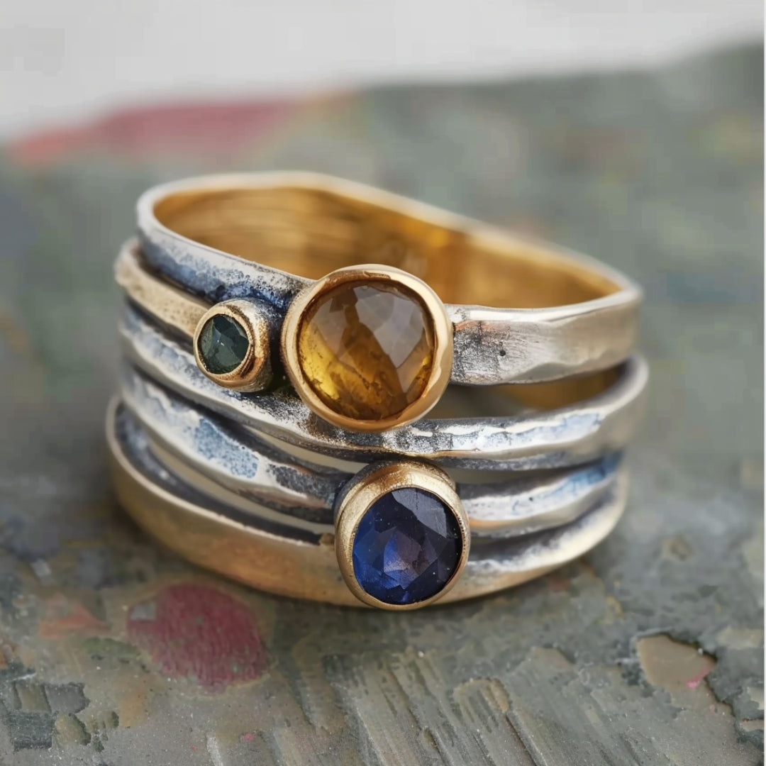 Silver Multicolor Stones Layered Ring