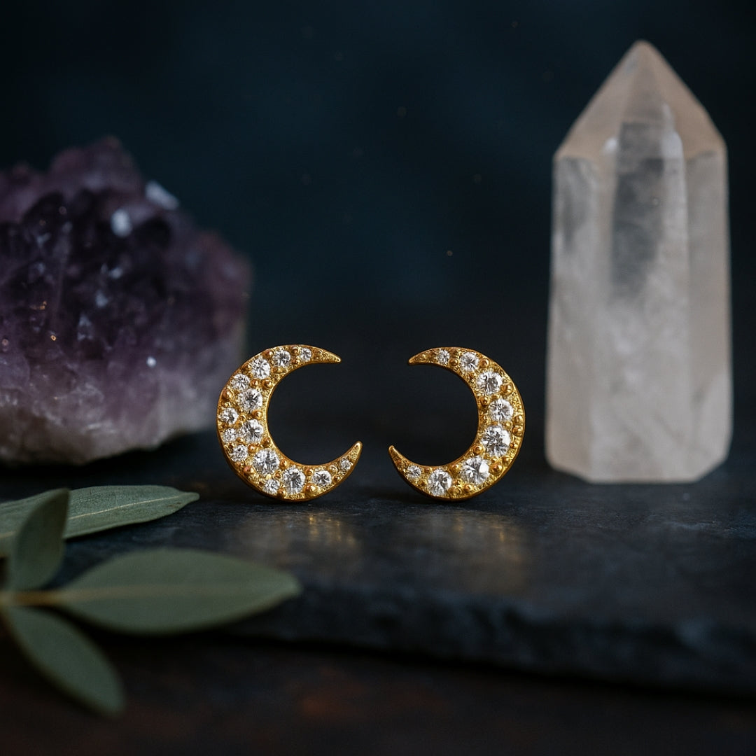 Celestial Moon Stud 14K Gold Earrings