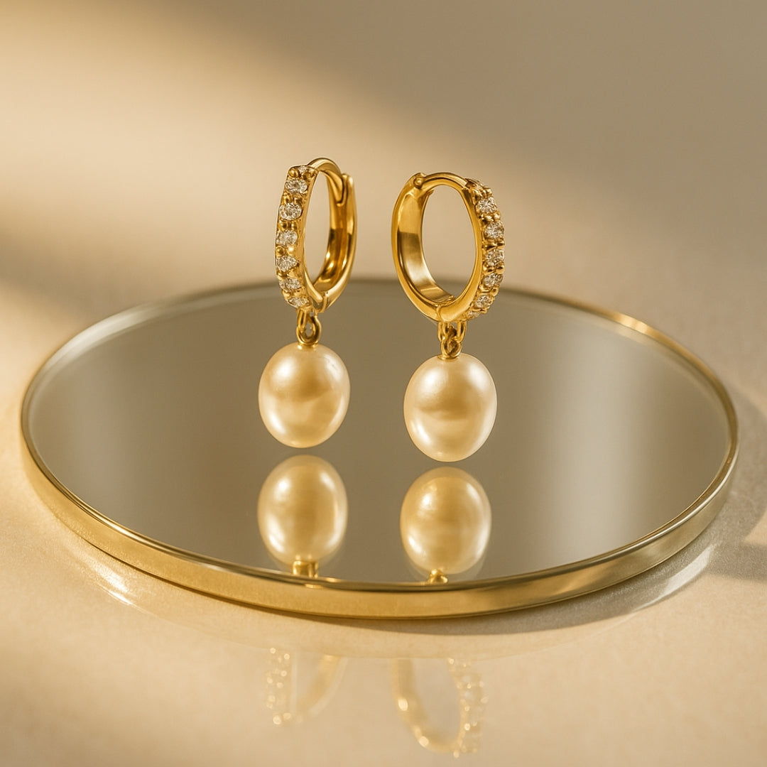 Pave Pearl Drop 14K Gold Hoops