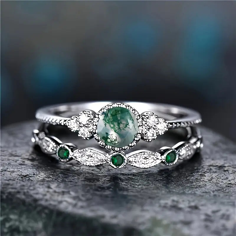 Green Moss Silver Ring Set