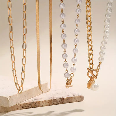 Elegant Pearl & Gold Snake Chain Necklace Set