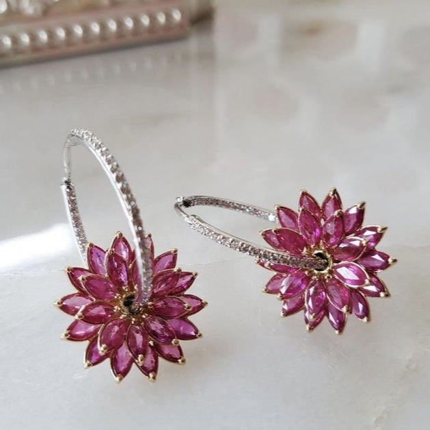 Vintage Pink Flower Crystal Silver Earrings