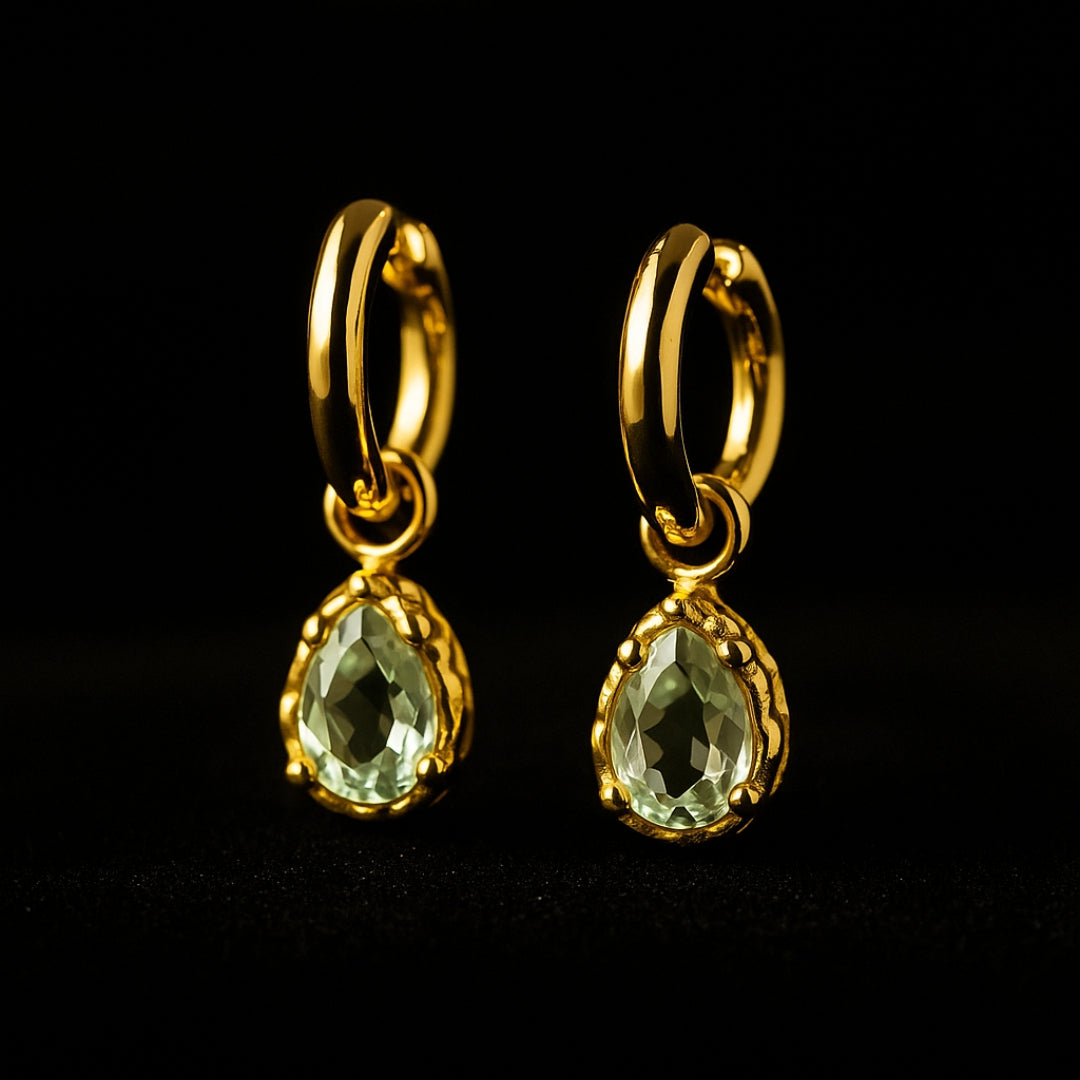 Green Amethyst Drop Hoop 14K Gold Earrings