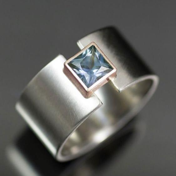 Vintage Blue Cubic Glass Open Silver Ring