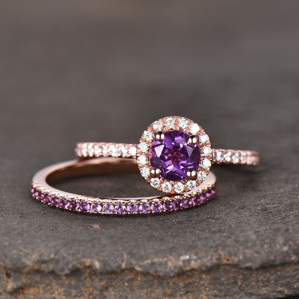 Purple Inlaid Crystal Rose Ring Set