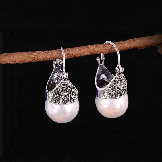 Vintage Silver Inlaid Pearl Earrings