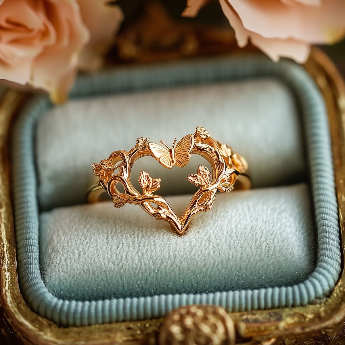 Exotic Heart Butterfly Gold Ring