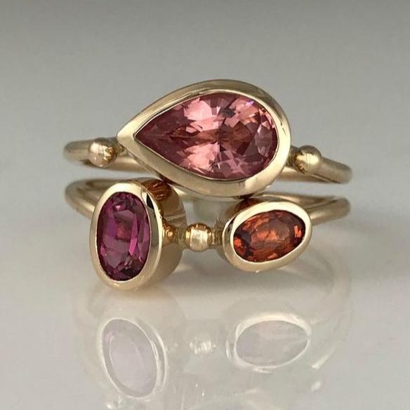 Vintage Red Glass Drop Gold Ring