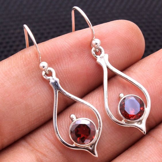 Vintage Red Crystal Drop Silver Earrings