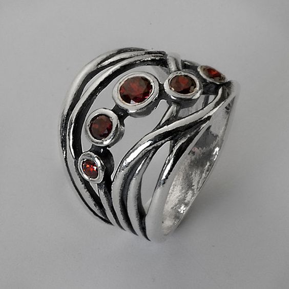 Vintage Red Crystals Layered Silver Ring