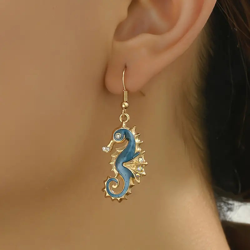 Blue Seahorse Enamel Gold Earrings
