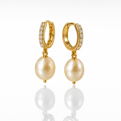 Pave Pearl Drop 14K Gold Hoops