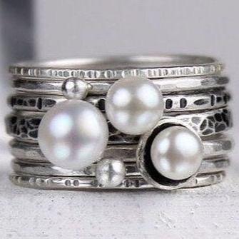 Vintage Pearl Layered Silver Ring