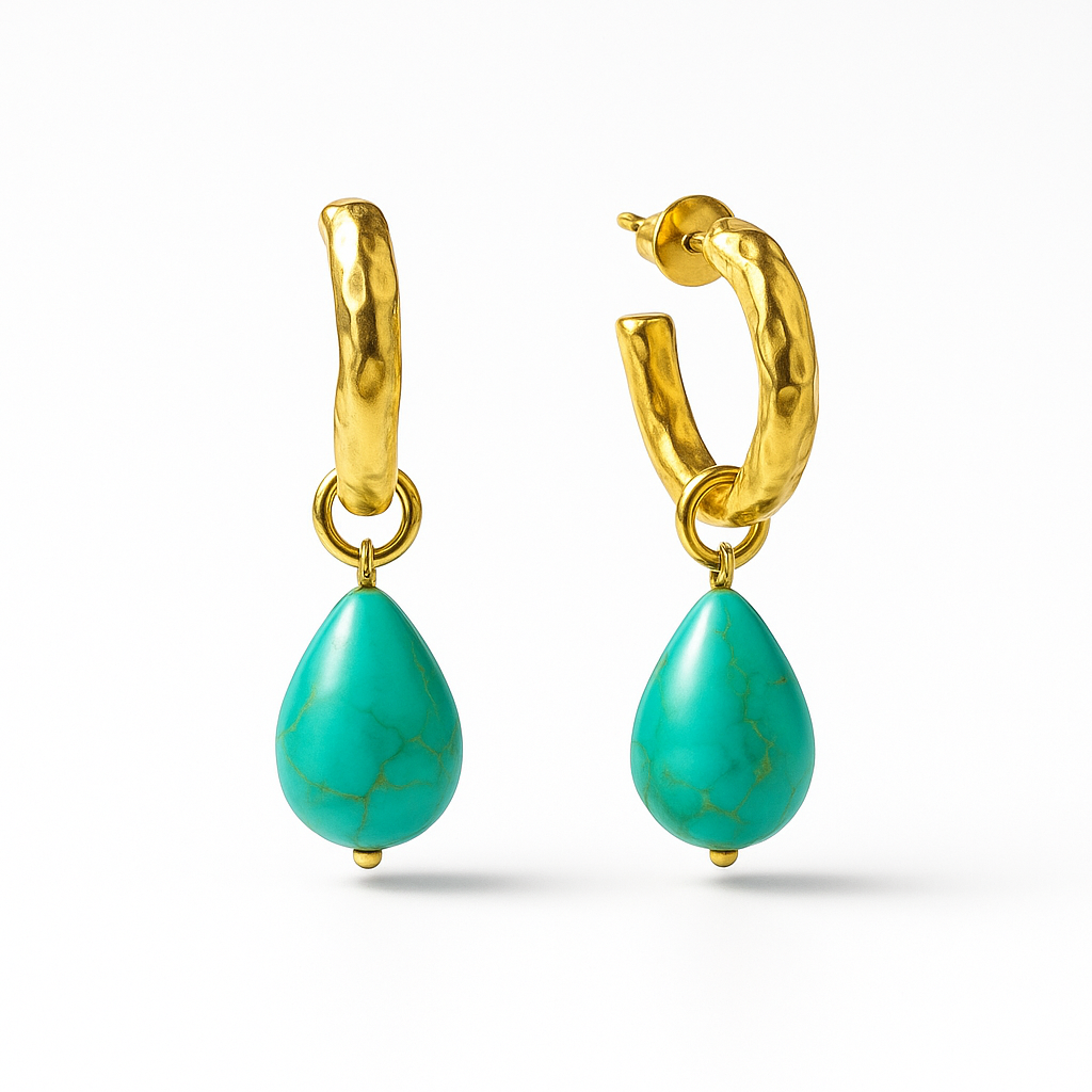 Turquoise Molten Hoop Gold Earrings