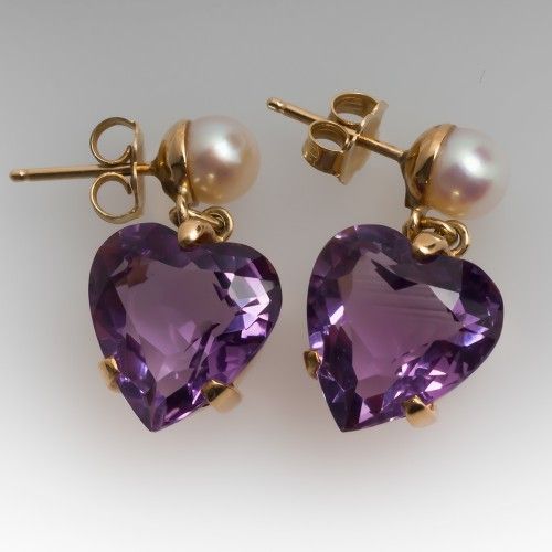 Vintage Purple Glass Heart Pearl Earrings