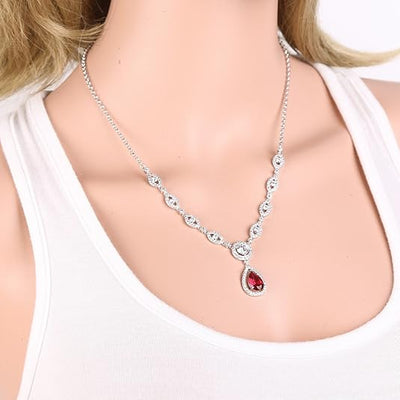 White Gold Ruby Halo Necklace & Earrings Set
