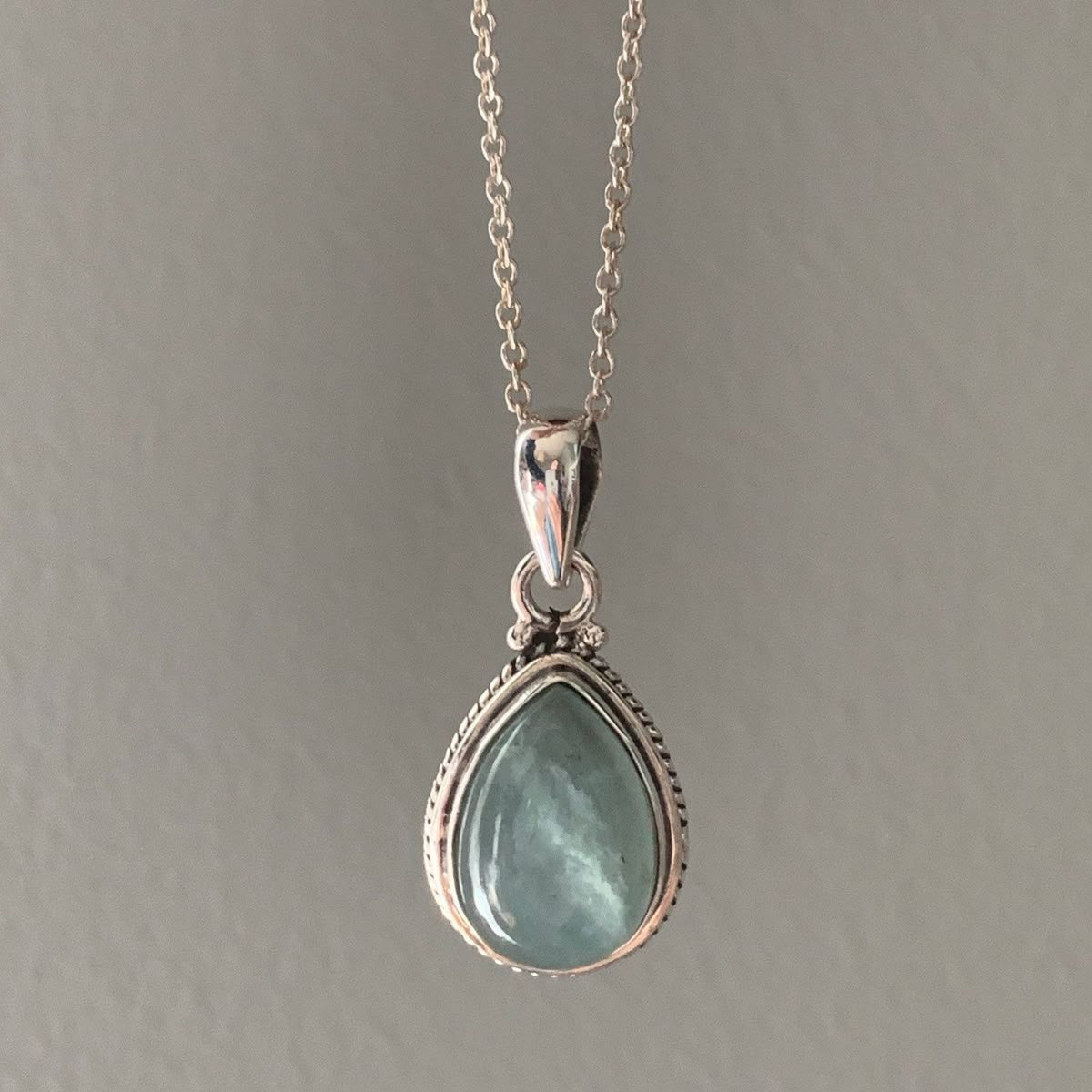 Green Stone Drop Silver Necklace