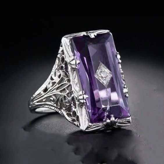 Vintage Rectangular Purple Glass Silver Ring