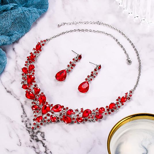 Ruby Crystal Cluster White Gold Jewelry Set