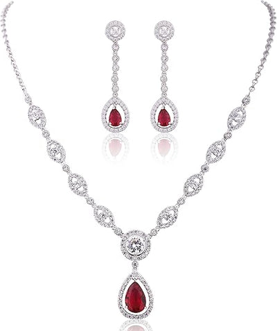 Ruby Halo Necklace and Earrings Set | White Gold