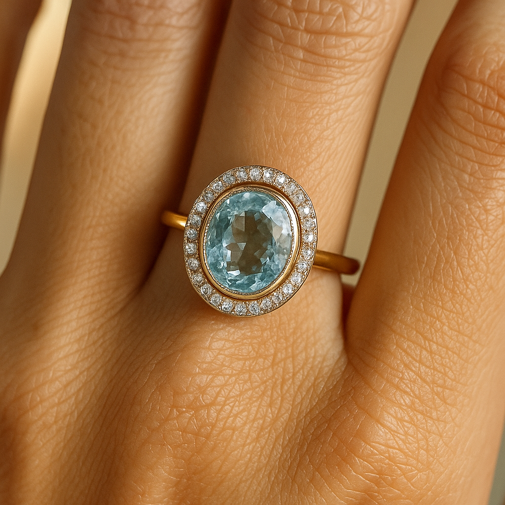 Rounded Blue Glass Gold Ring
