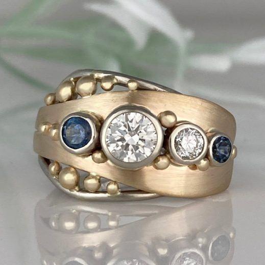 Vintage Blue & White Glass Gold Ring