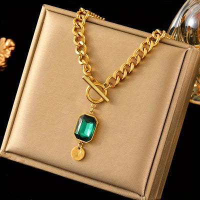 Emerald Gold Thick Link Pendant Necklace