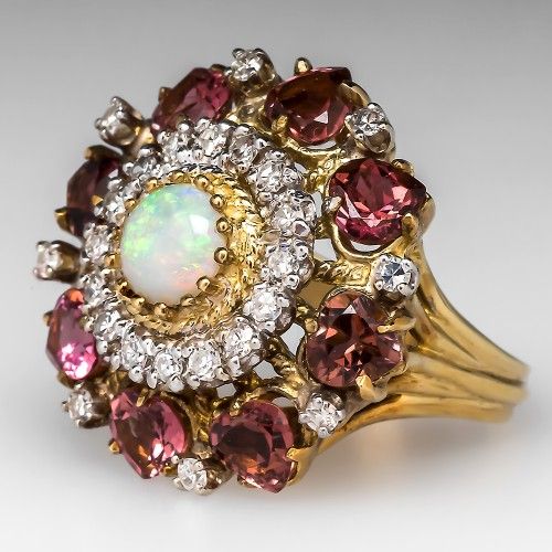 Vintage White Opal Garnet Zirconia Gold Ring