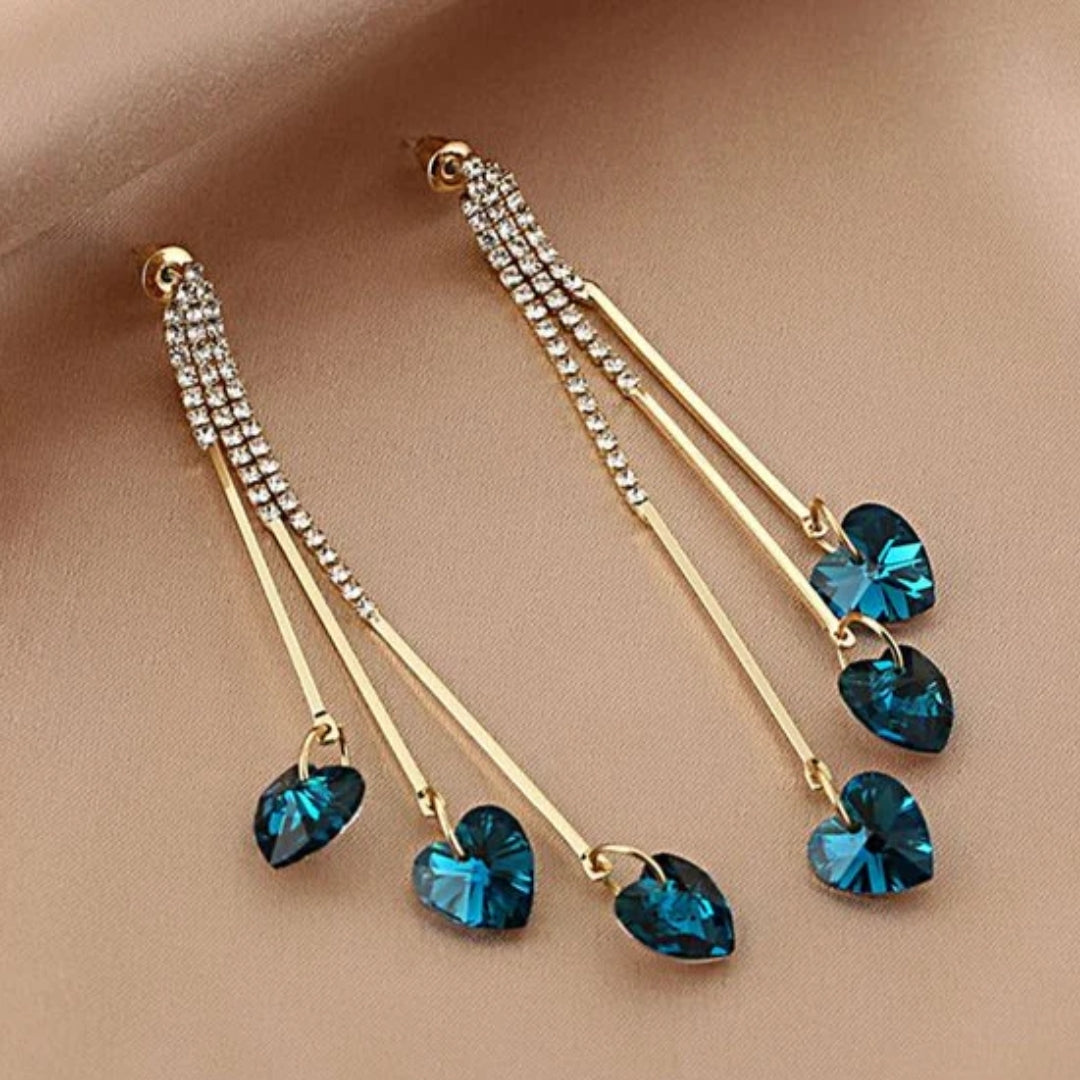 Elegant Blue Crystal Heart Rain Earrings