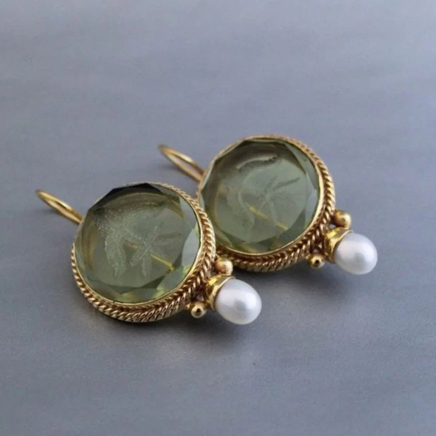 Antique Rounded Green Stone Pearl Earrings | White Gold