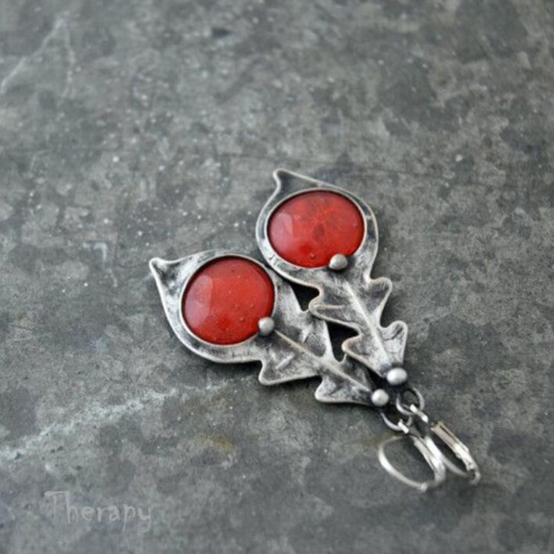 Vintage Red Stone Leaf Earrings