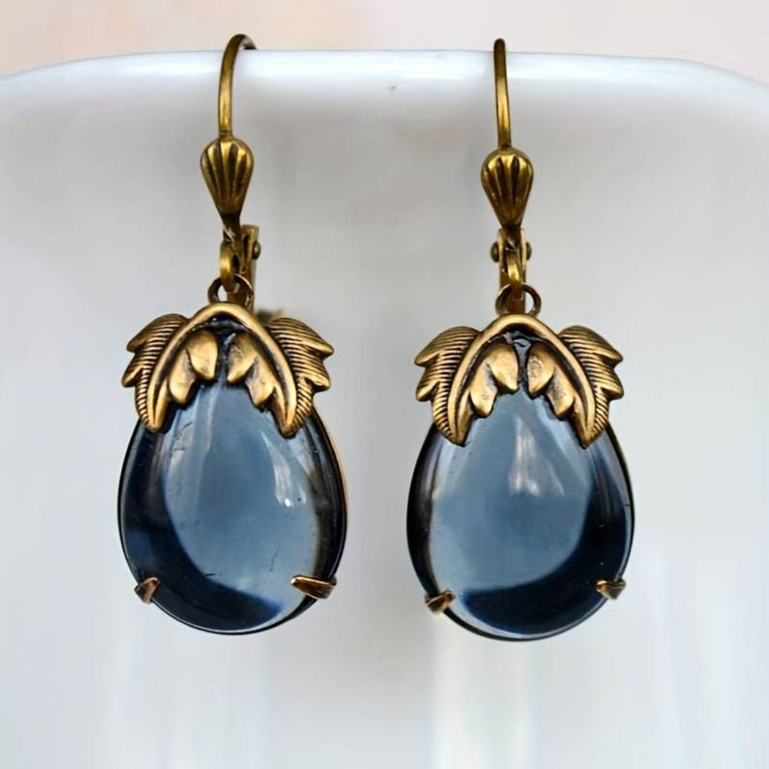 Vintage Blue Crystal Drop Gold Earrings