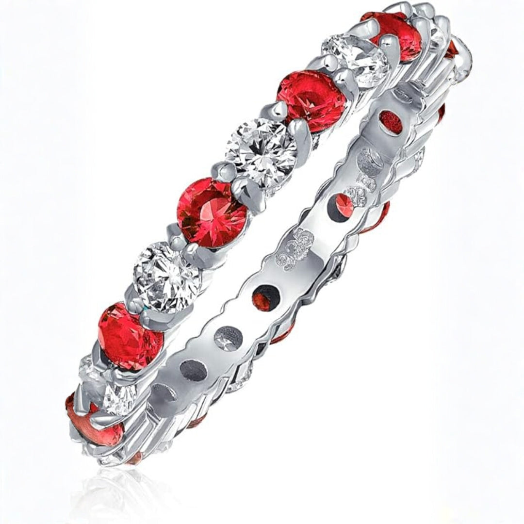 White Gold Band Ring with Ruby and White Stones