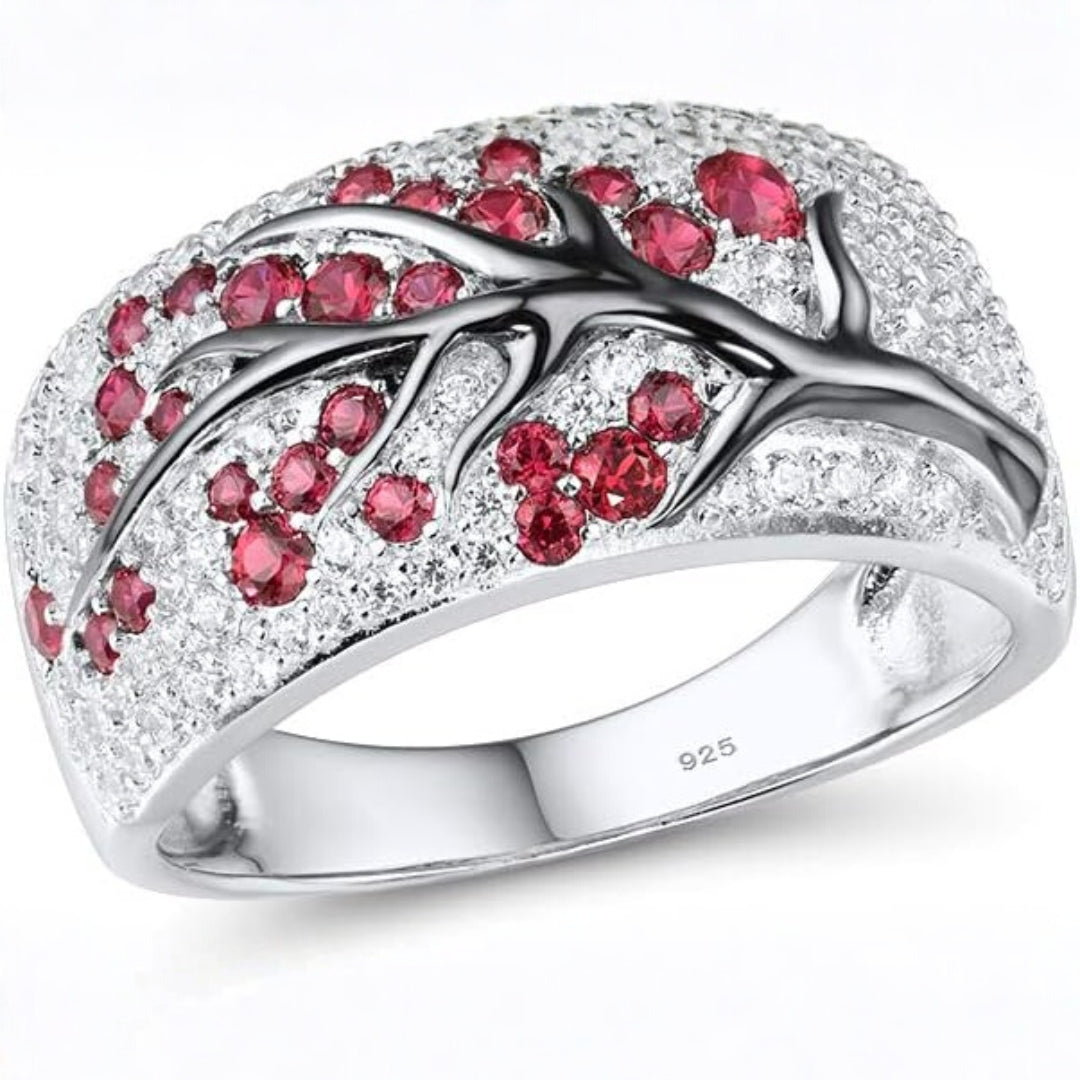 White Gold Ruby Blossom Tree Ring
