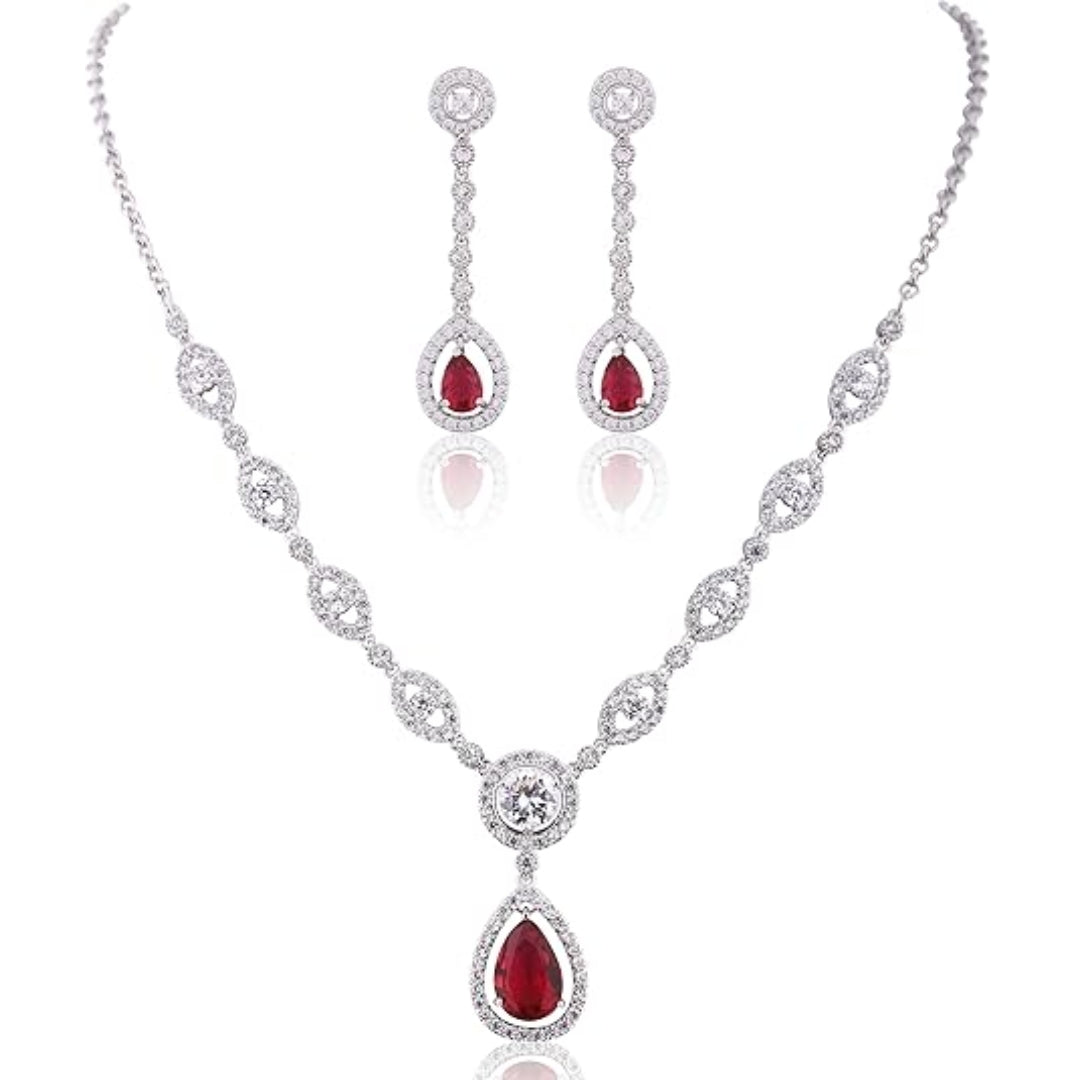 Ruby Halo Necklace and Earrings Set | White Gold