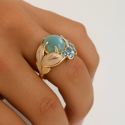 Greenish Stone Exotic Gold Leaf Ring