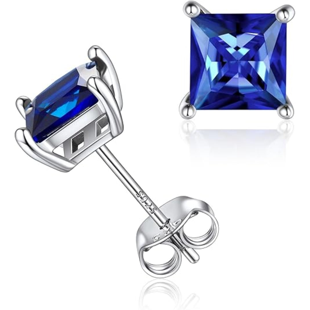 Minimalist Princess Cut Sapphire Stud Earrings | White Gold